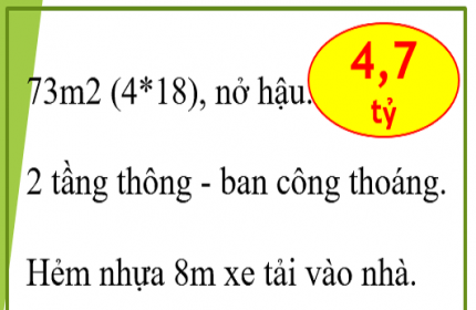 73m2(4×18)- 2 tầng- Ngô Chí Quốc- Bình Chiểu- Hẻm nhựa 8m-Ô tô vào nhà-4.7 tỷ